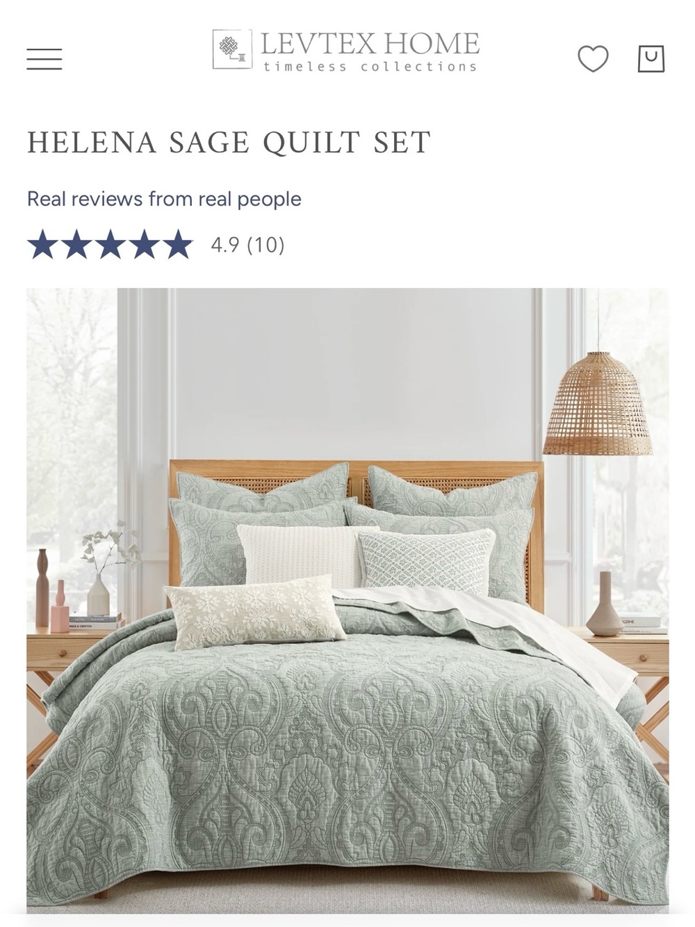 Levtex Sage Quilted Comforter 3 pcs. Set…🍈 100% cotton